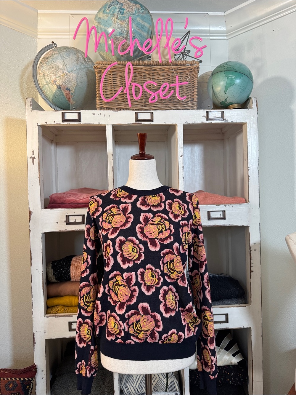 Catherine Malandrino Floral Sweater navy and pink (runs small)